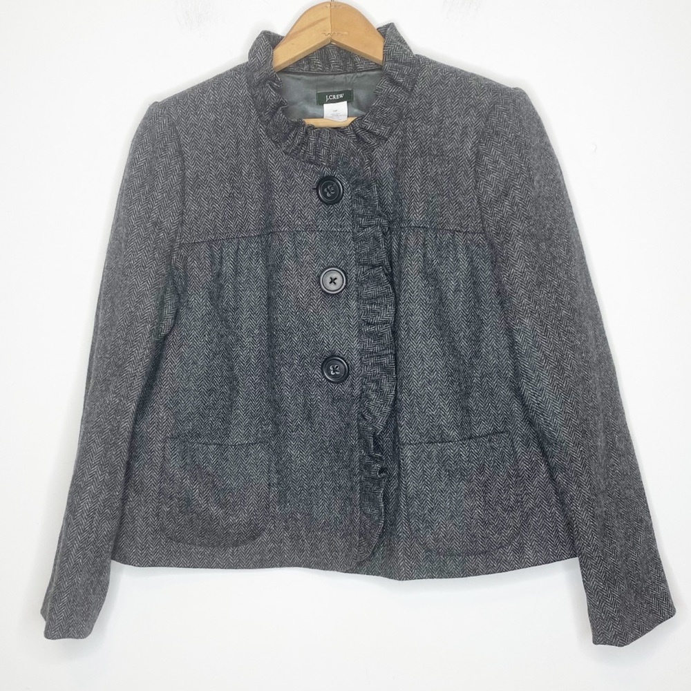 J. Crew size 10 Petite Luxe Donegal Fiona Ruffle Wool Jacket Gray Herringbone